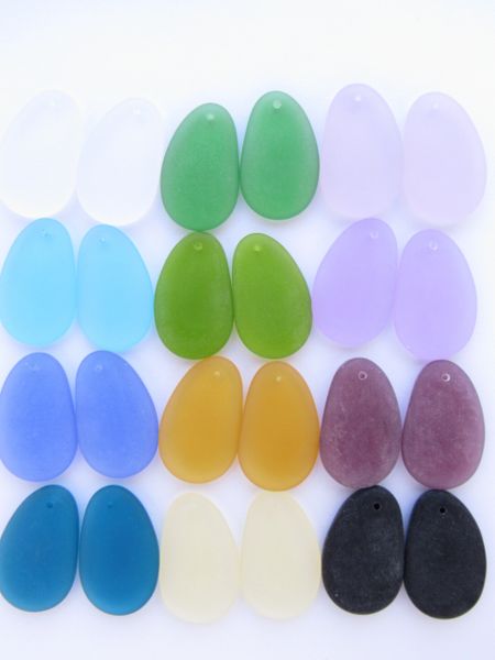 Cultured Sea Glass PENDANTS 33x20mm Assorted 12 pair Teardrop top Drilled Aqua Green Blue Purple Pink for making jewelry