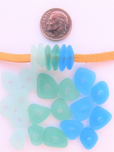 Cultured Sea Glass BEADS free form Large Hole 14mm flat nugget ASSORTED Ocean Colors stacking 3mm hole bead supply for making leather cord jewelry