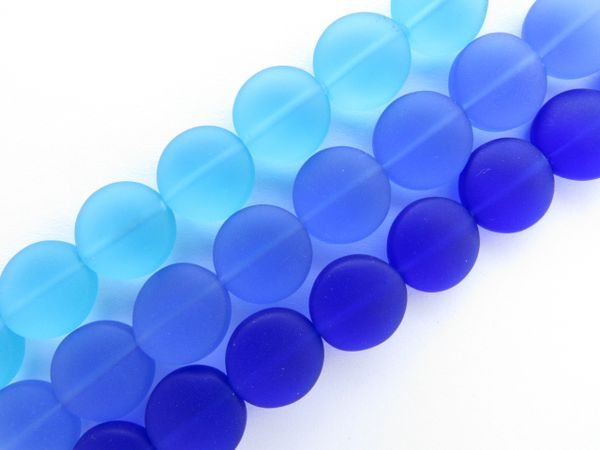 Cultured Sea Glass BEADS 12mm Coin assorted BLUE 3 strands bead supply for making jewelry