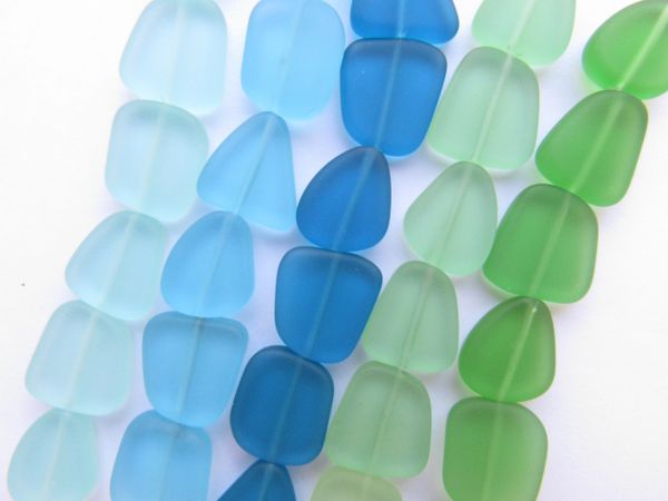 Cultured Sea Glass BEADS 15mm flat free form assorted BLUE GREEN bead supply for making jewelry