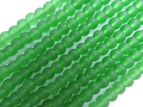Cultured Sea Glass BEADS 6mm Round MEDIUM GREEN frosted matte finish bead supply for making jewelry