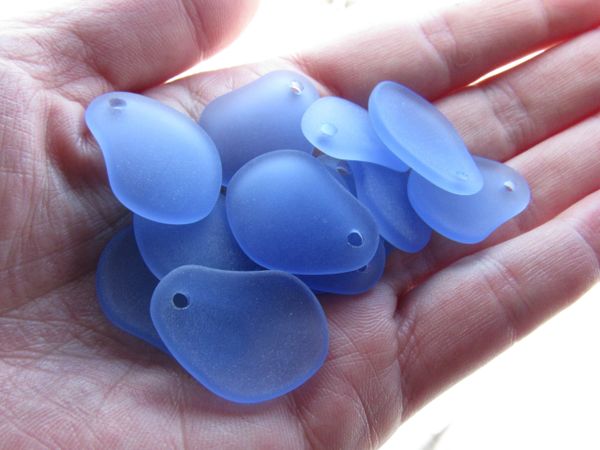 Cultured Sea Glass PENDANTS 26x18mm Light Sapphire BLUE frosted top drilled curved bead supply for making jewelry