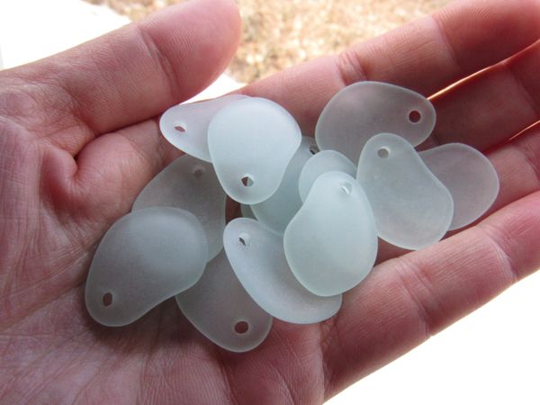 Cultured Sea Glass PENDANTS 26x18mm Light Aqua like Coke bottle glass frosted top drilled curved bead supply for making jewelry