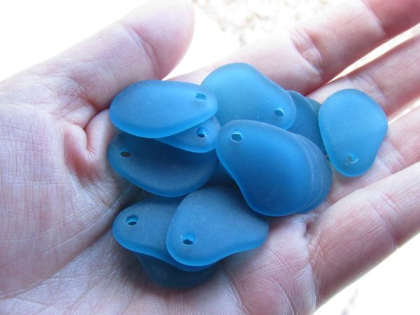 Cultured Sea Glass PENDANTS 26x18mm TEAL Marine BLUE frosted top drilled curved bead supply for making jewelry