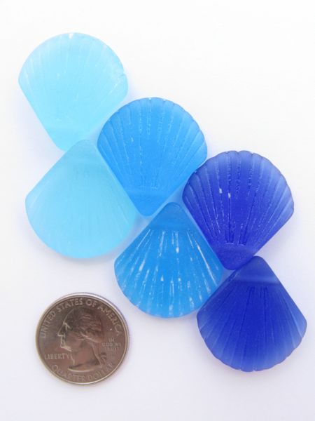 Cultured Sea Glass PENDANTS 30x28mm FLAT SHELL assorted BLUE pairs frosted 6 pc matte finish bead supply for making jewelry