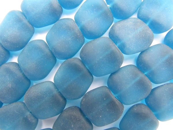 Cultured Sea Glass BEADS 18x17mm Square Nugget TEAL BLUE free form frosted bead supply for making jewelry