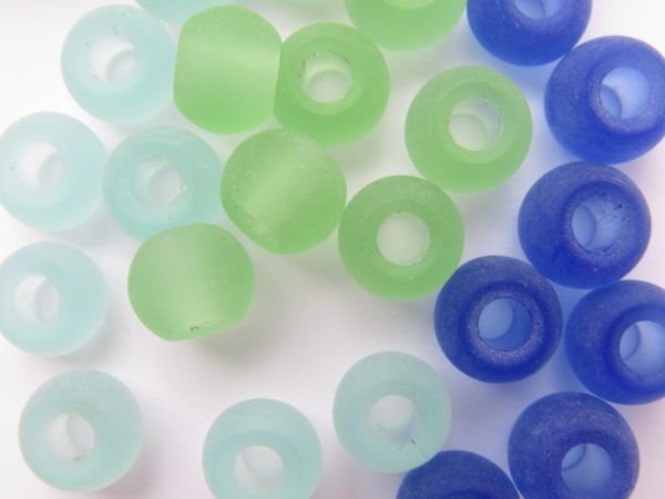 Cultured Sea Glass BEADS 12mm Pony Rondelle BLUE GREEN 30 pc large hole bead supply for making jewelry