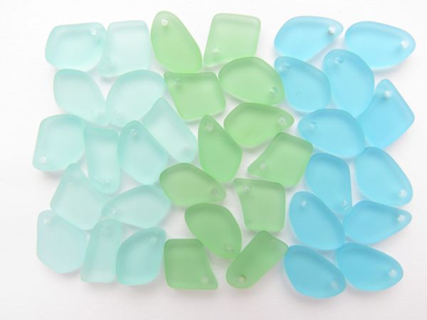 Cultured Sea Glass PENDANTS 15mm Light BLUE GREEN Seafoam flat free form bead supply for making jewelry