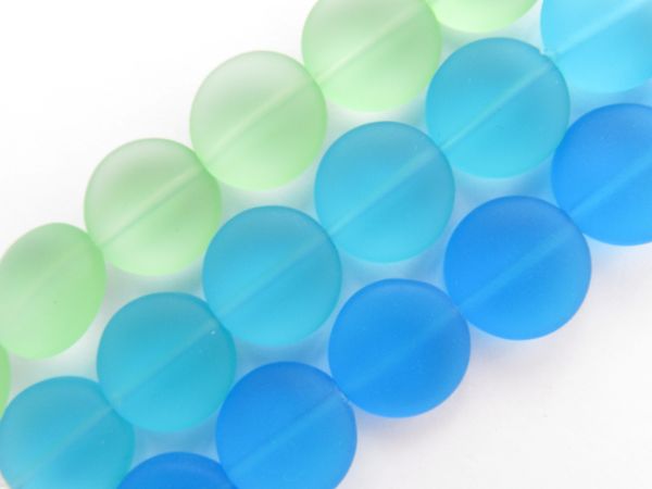 Cultured Sea Glass Beads 15mm coin GREEN BLUE 3 assorted strands frosted bead supply for making jewelry