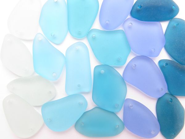 Cultured Sea Glass PENDANTS 2 hole Freeform Connector 1" Assorted Lighter BLUE drilled with 2 holes bead supply