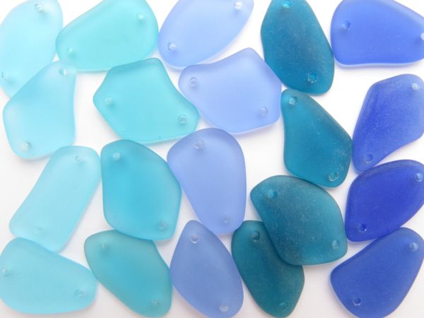 Cultured Sea Glass PENDANTS 2 hole frosted free form Connector 1" Assorted Darker BLUE drilled with 2 holes bead supply