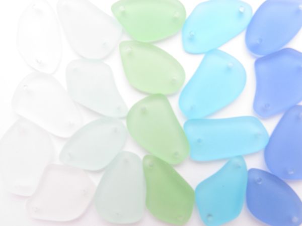 Cultured Sea Glass PENDANTS 2 hole frosted free form Connector 1" ASSORTED Light BLUE GREEN drilled with 2 holes bead supply