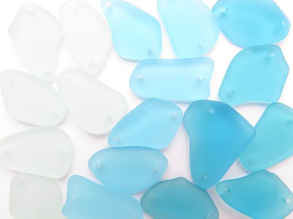 2 hole Cultured Sea Glass PENDANTS 1" assorted Light Aqua BLUE free form frosted double hole drilled bead supply