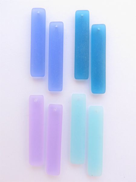Cultured Sea Glass PENDANTS 38x8mm Rectangle BLUE PURPLE pairs 8 pc Great for making earrings bead supply