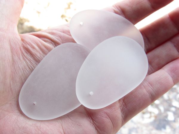 Cultured Sea GLASS PENDANT 52x32mm CLEAR frosted transparent top Drilled matte finish bead supply for making jewelry