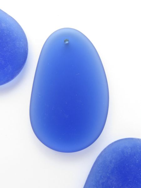 Cultured Sea GLASS PENDANT 52x32mm BLUE frosted transparent top Drilled matte finish bead supply for making jewelry