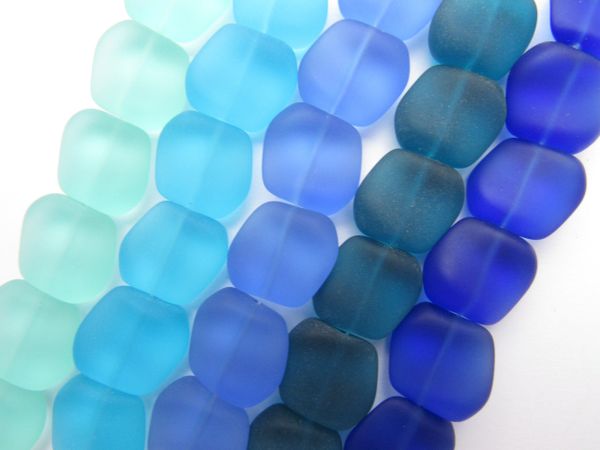 Cultured Sea Glass BEADS 18x17mm Square Nugget BLUES 5 strands frosted matte bead supply for making jewelry