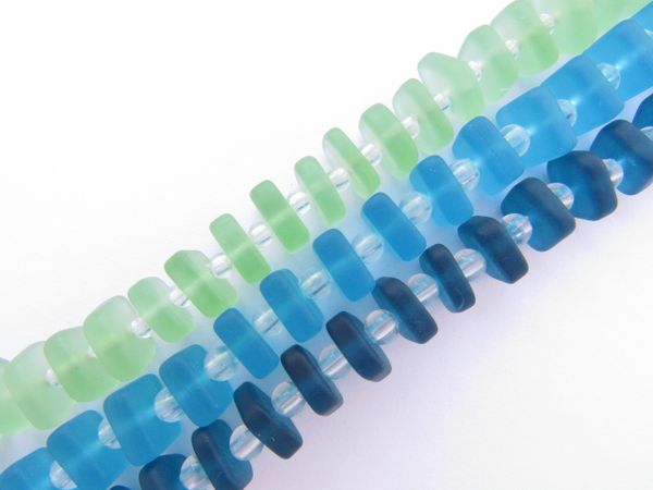 Cultured Sea Glass BEADS 8x9mm Square Spacer Stacking BLUE GREEN frosted matte finish bead supply for making jewelry