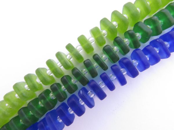 Cultured Sea Glass BEADS 8x9mm Square Spacer Stacking Dark BLUE GREEN frosted drilled bead supply for making jewelry