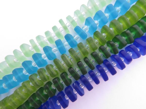 5 strands Cultured Sea Glass BEADS 8x9mm square spacer flat stacking BLUE GREEN drilled bead supply for making jewelry