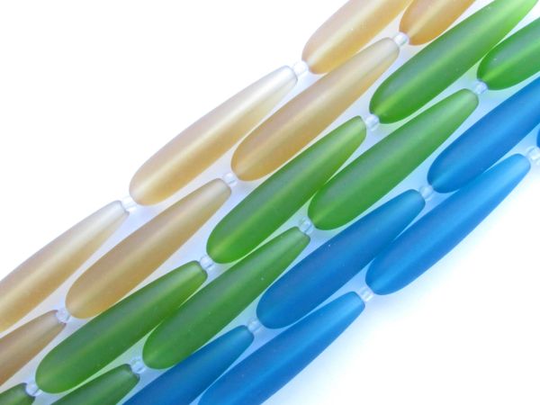 Cultured Sea Glass BEADS 38x9mm teardrop assorted strands YELLOW GREEN BLUE length drilled frosted bead supply for making jewelry