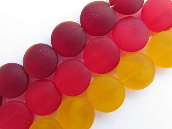 Cultured Sea Glass Beads 15mm coin RED YELLOW 3 assorted strands transparent recycled frosted bead supply