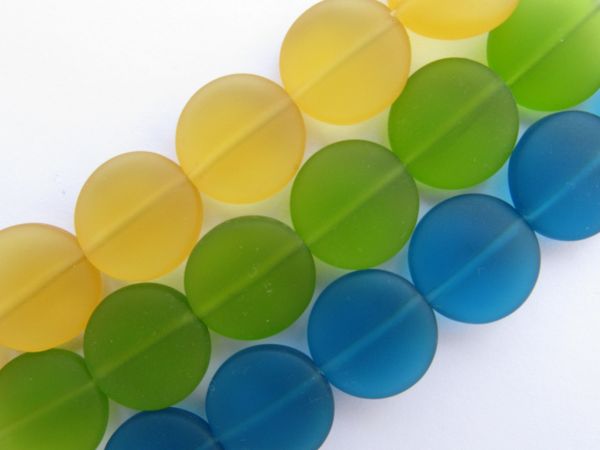 Cultured Sea Glass Beads 15mm coin YELLOW GREEN BLUE assorted strands length drilled frosted matte finish bead supply