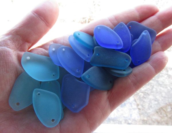 2 hole Cultured Sea Glass PENDANTS 1" Connector Flat Freeform Assorted 24 pc Aqua Blue Drilled recycled glass beads blues making sea glass jewelry