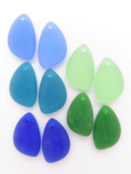 Cultured SEA GLASS PENDANTS Teardrop 21x13mm BLUE GREEN Assorted Pairs top drilled flat back right and left bead supply great for making earrings