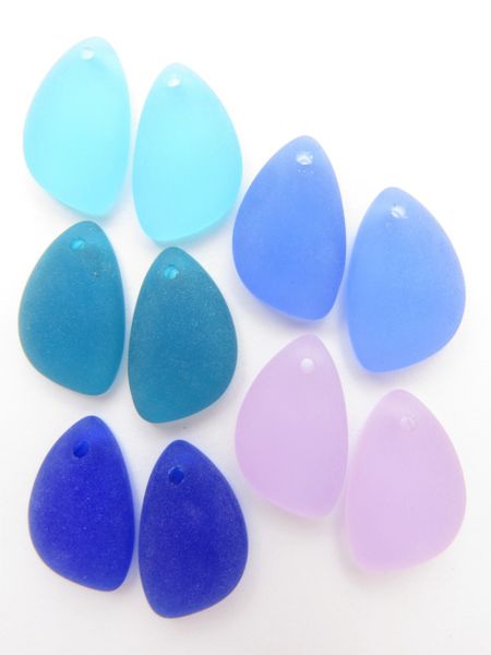 Cultured SEA GLASS PENDANTS Teardrop 21x13mm BLUE PURPLE Assorted Pairs top drilled flat back right and left bead supply great making earrings