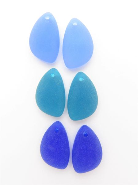Cultured Sea Glass PENDANTS 21x13mm right & left flat back assorted BLUE pairs bead supply Great for making earrings