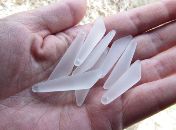 Cultured Sea Glass PENDANTS 40x9mm Elongated Fancy Assorted CLEAR Top Drilled frosted matte finish bead supply for making jewelry