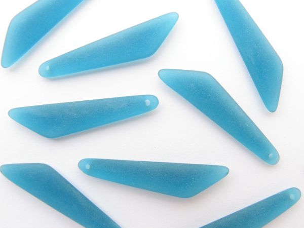 Cultured Sea Glass PENDANTS 40x9mm Elongated Fancy TEAL BLUE Top Drilled frosted matte beads Great for making jewelry