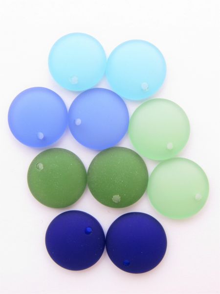10 pc Cultured Sea GLASS PENDANTS 18mm Coin BLUE GREEN Colors frosted bead supply Great for making earrings