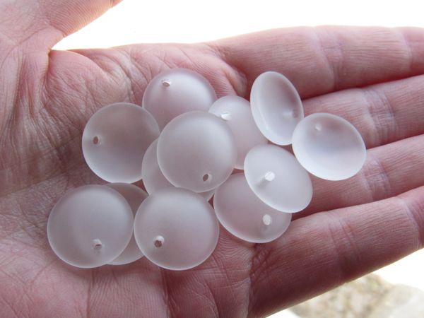 Bead Supply Cultured Sea Glass BEADS Pendants 18mm Concave COIN CLEAR round frosted Top Drilled beads supply