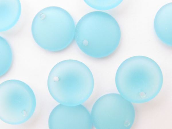 Cultured Sea Glass BEADS Pendants 18mm Concave COIN round Light AQUA BLUE frosted Top Drilled beads supply