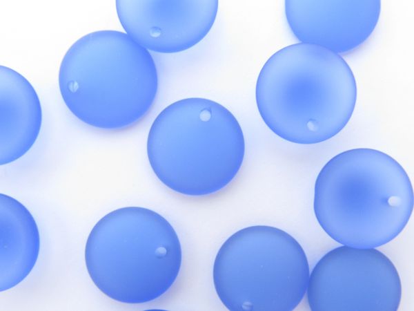 Cultured Sea Glass BEADS Pendants 18mm Concave COIN round Light Sapphire CORNFLOWER BLUE frosted Top Drilled beads supply for making jewelry
