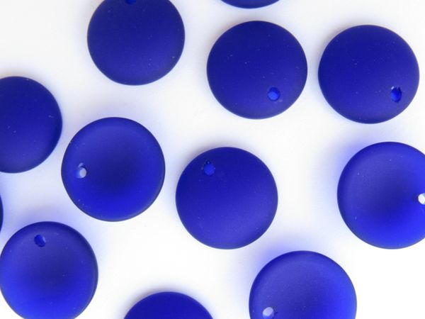 Cultured Sea Glass BEADS Pendants 18mm Concave COIN round Royal COBALT BLUE frosted Top Drilled beads supply for making jewelry