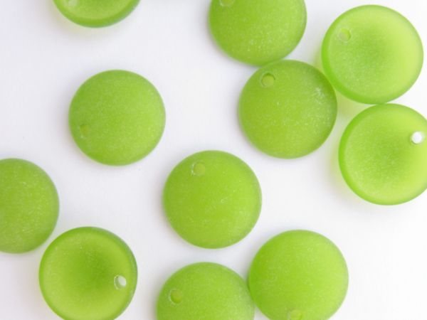 Cultured Sea Glass BEADS Pendants 18mm Concave COIN round OLIVE GREEN frosted Top Drilled beads supply for making jewelry