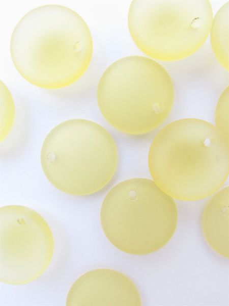 Cultured Sea Glass BEADS Pendants 18mm Concave COIN round Lemon YELLOW matte frosted top drilled beads supply making jewelry