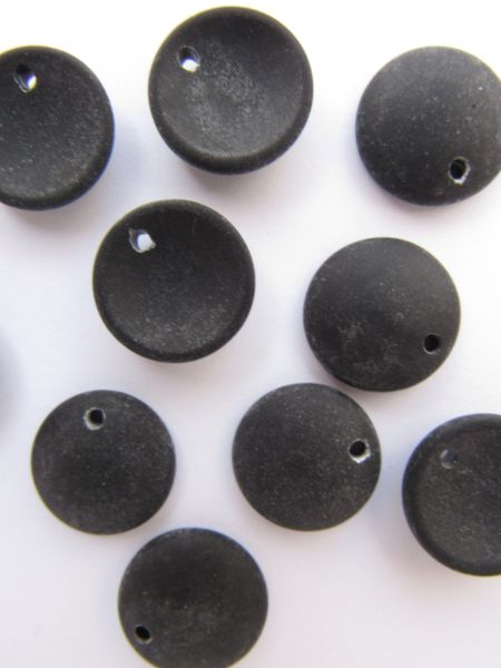 Opaque BLACK Cultured Sea Glass BEADS Pendants 18mm Concave COIN round matte frosted top drilled beads supply making jewelry