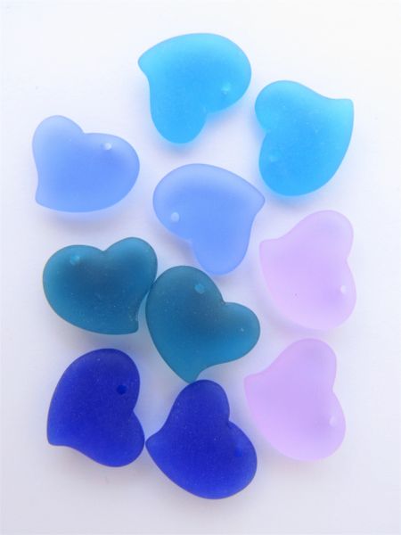 Cultured Sea Glass Heart PENDANTS assorted pairs puffed hearts ASSORTED Colors drilled for making jewelry