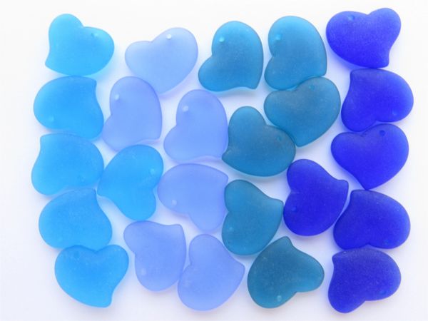 Cultured Sea Glass Heart PENDANTS assorted BLUE pairs puffed hearts 24 pc drilled frosted matte finish bulk bead supply for making jewelry