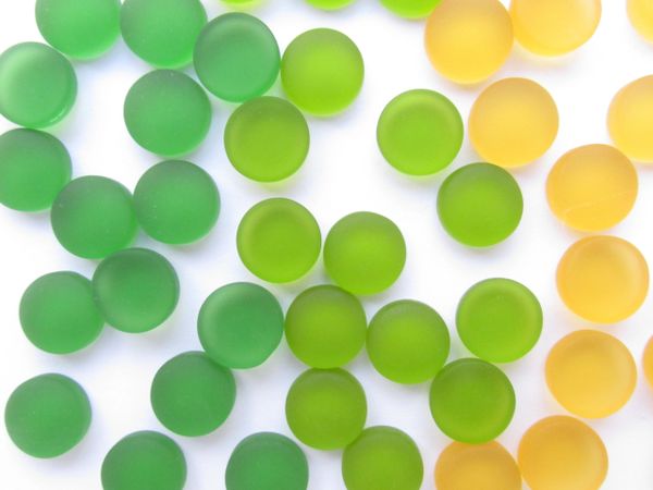 12mm CABACHONS Cultured Sea Glass round Assorted GREEN YELLOW Undrilled cushioned flat back for making jewelry