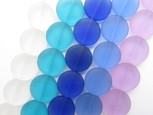 Cultured Sea Glass BEADS 20mm Coin assorted BLUE PURPLE frosted flat round length drilled bead supply for making jewelry