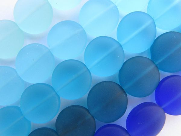 Cultured Sea Glass Beads 15mm Coin BLUES assorted frosted matte bead supply for making jewelry