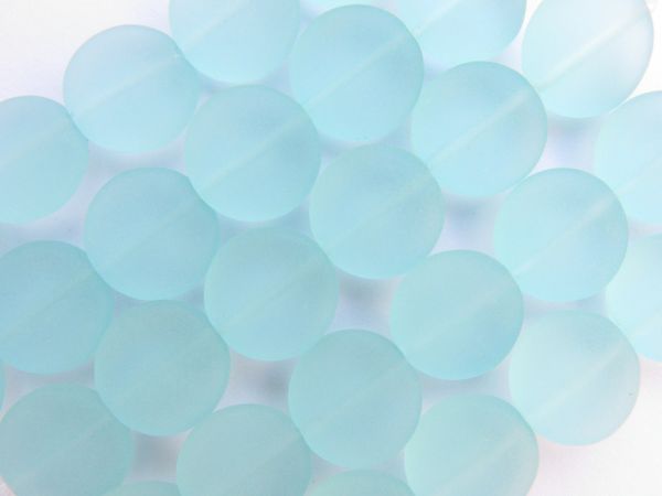 Cultured Sea Glass BEADS 15mm Coin Light Aqua recycled transparent frosted bead supply