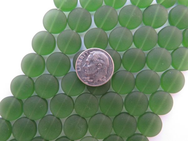 Cultured Sea Glass BEADS 12mm Coin DARK GREEN frosted matte finish bead supply for making jewelry