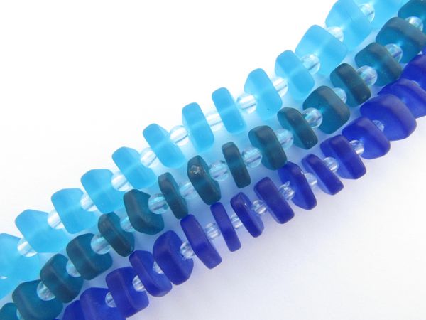 Cultured Sea Glass BEADS 8x9mm Square Spacer Stacking Assorted BLUES frosted matte finish bead supply for making jewelry