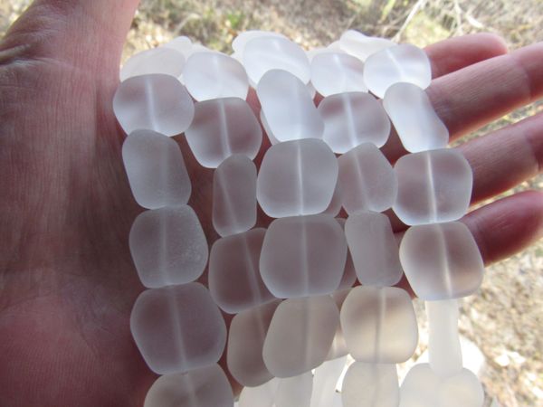 Cultured Sea Glass BEADS 18x17mm Square Nugget CLEAR frosted matte finish bead supply